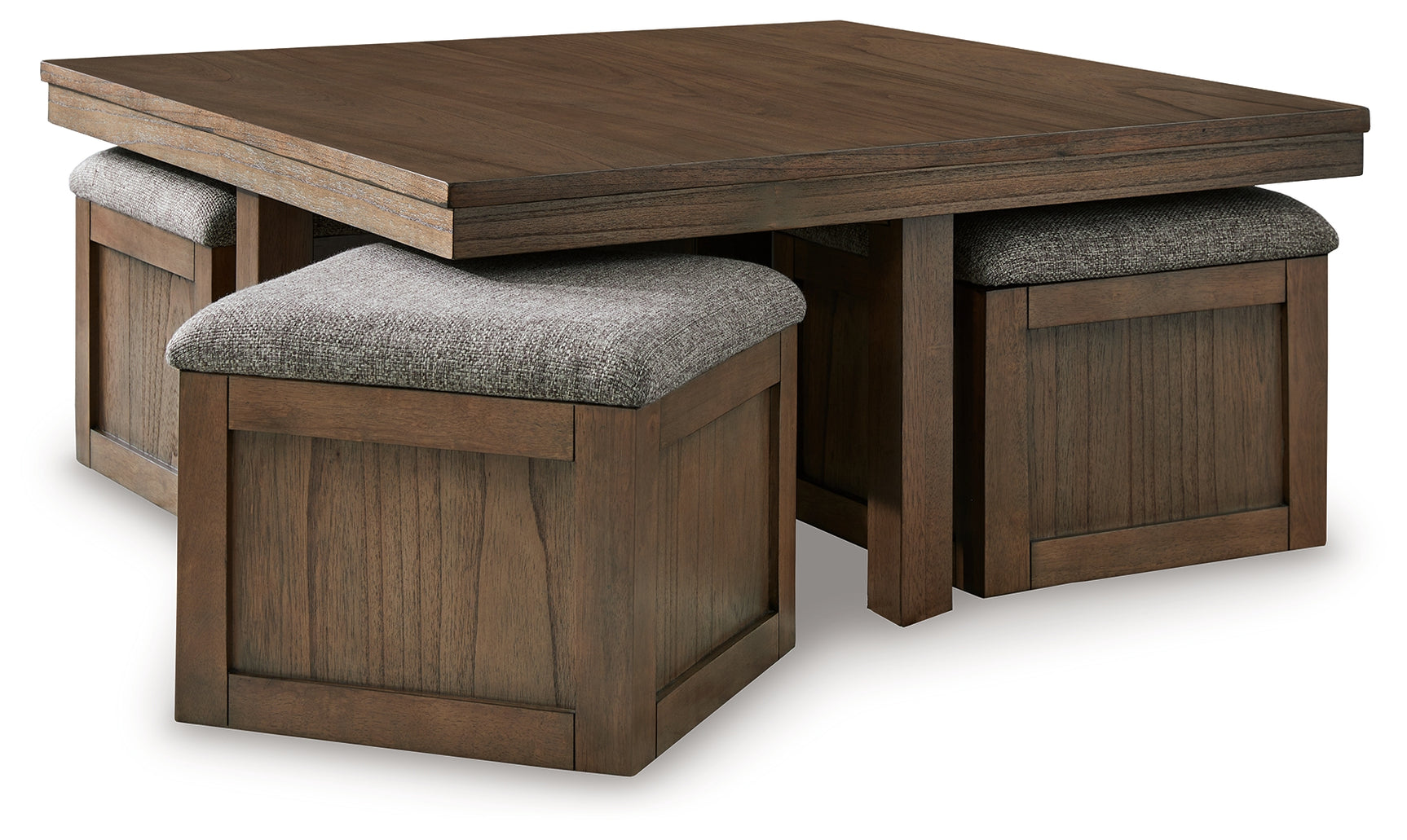 Coffee table with four cushioned storage stools tucked underneath