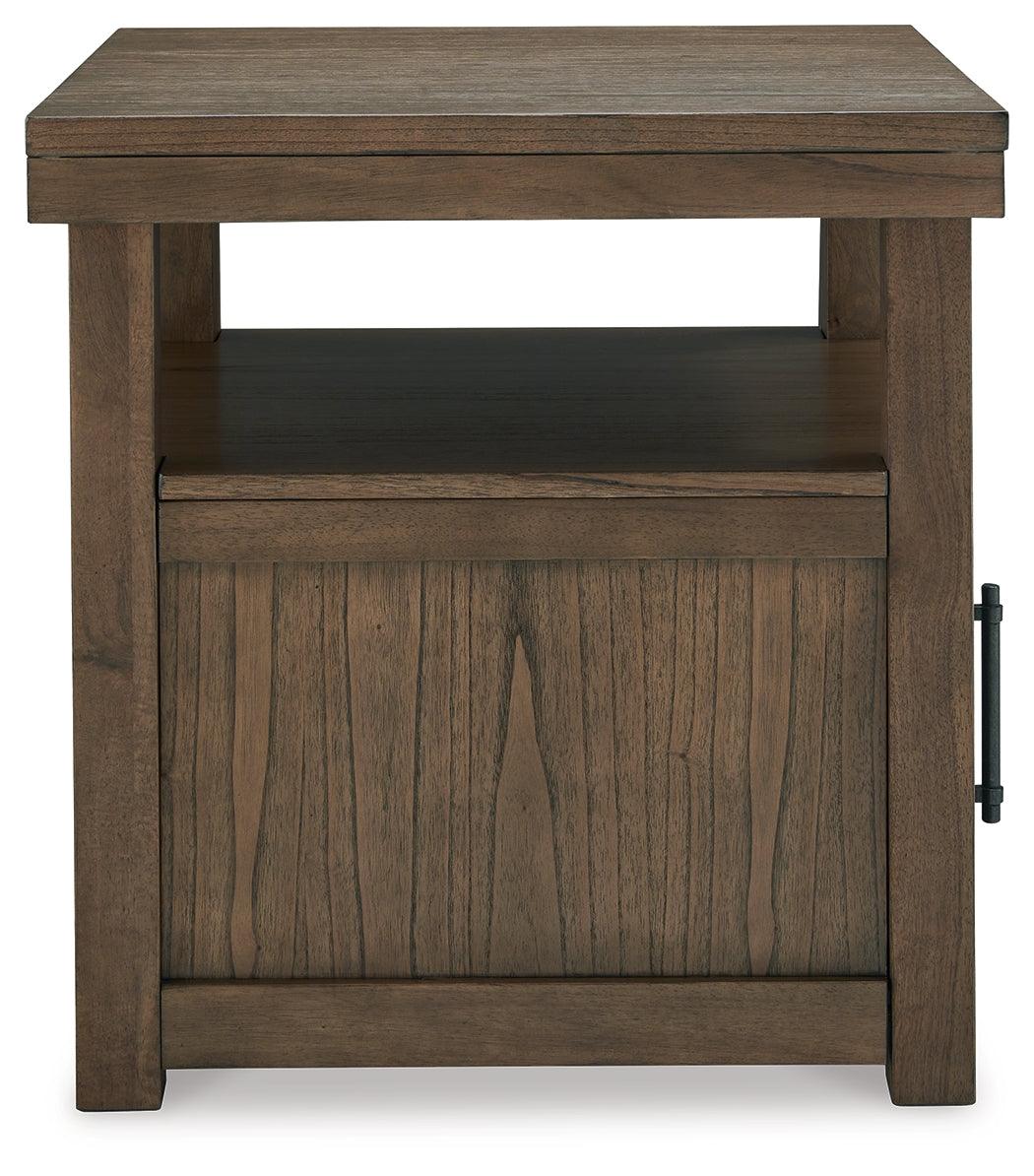 Boardernest brown end table side view showing storage