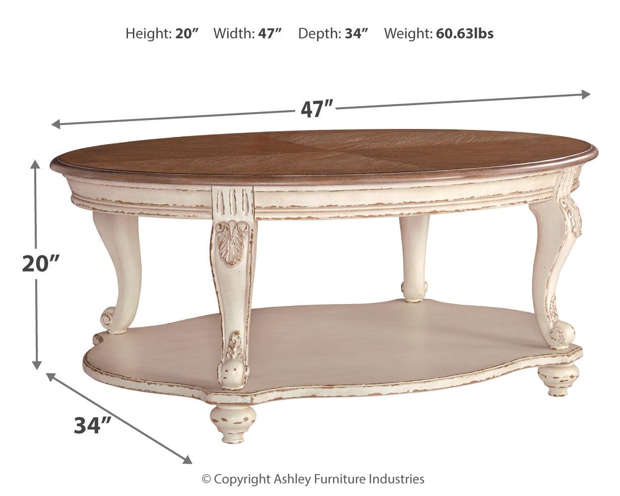 Realyn Oval White Brown Coffee Table dimension diagram