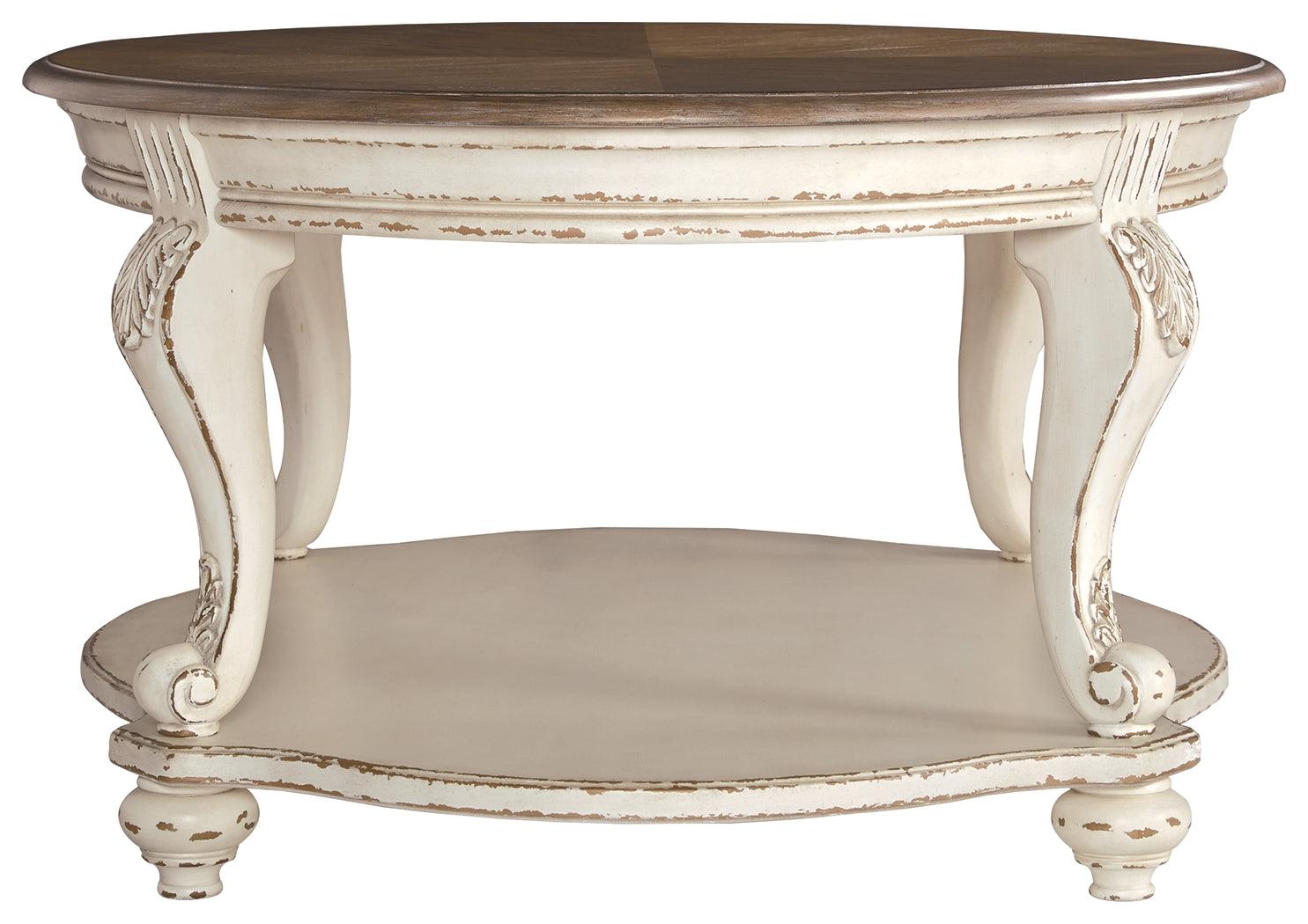 Realyn Oval White Brown Coffee Table corner detail
