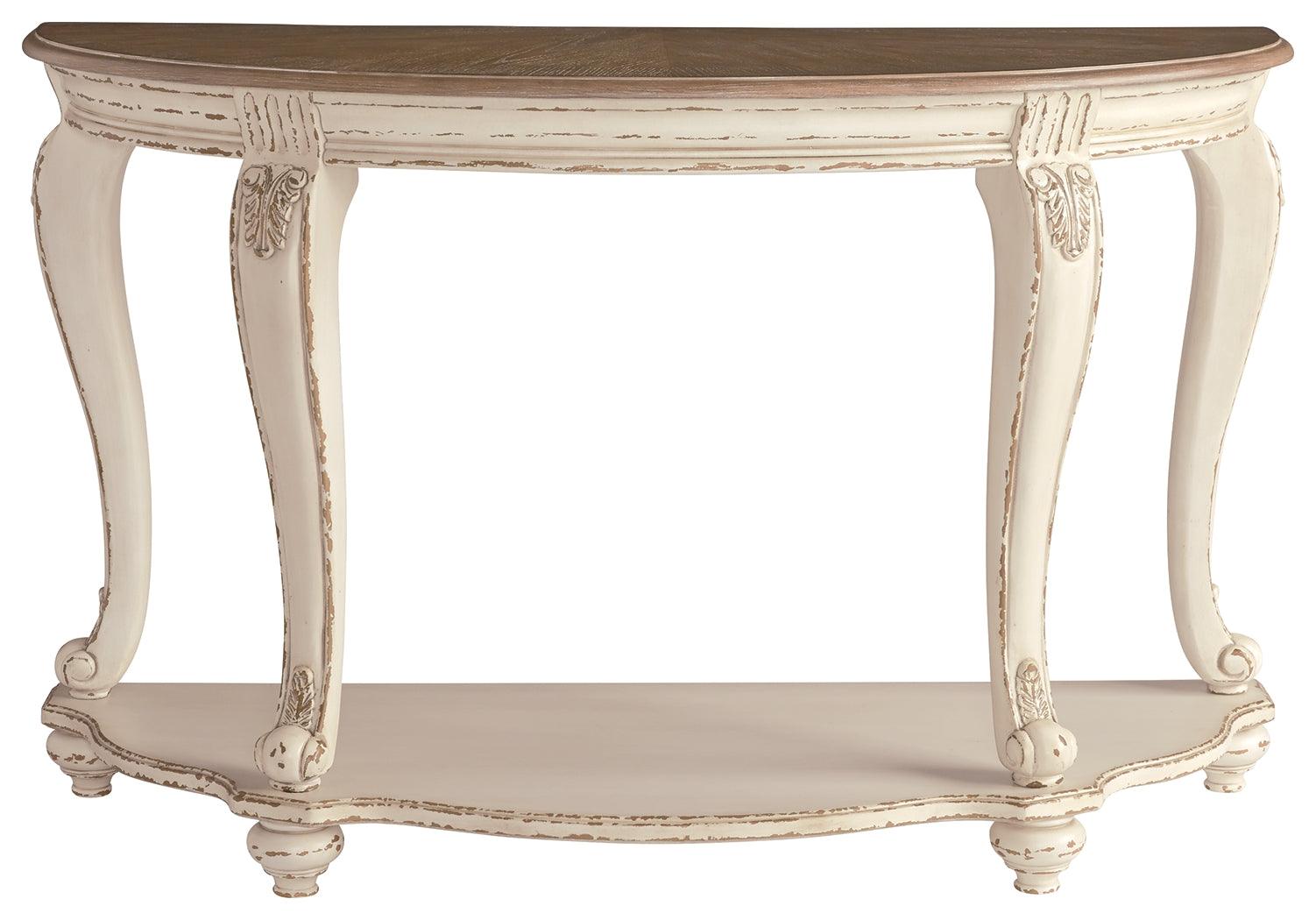Realyn sofa table head-on view showcasing two drawers and oval shape
