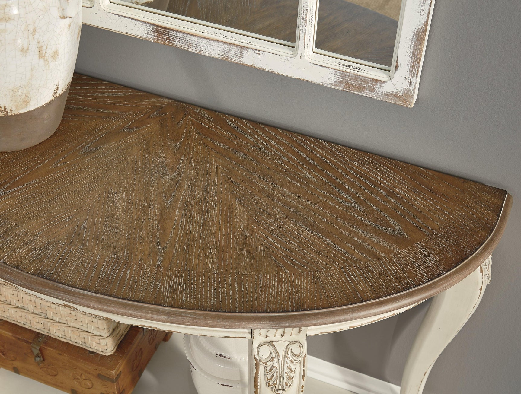 Realyn sofa table top view showing wood grain finish