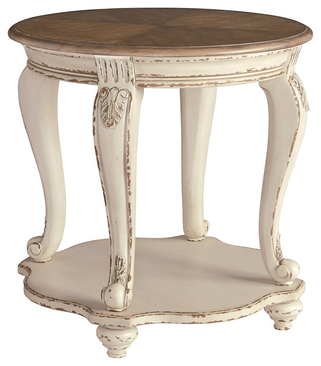 Side view of Realyn Round White and Brown End Table