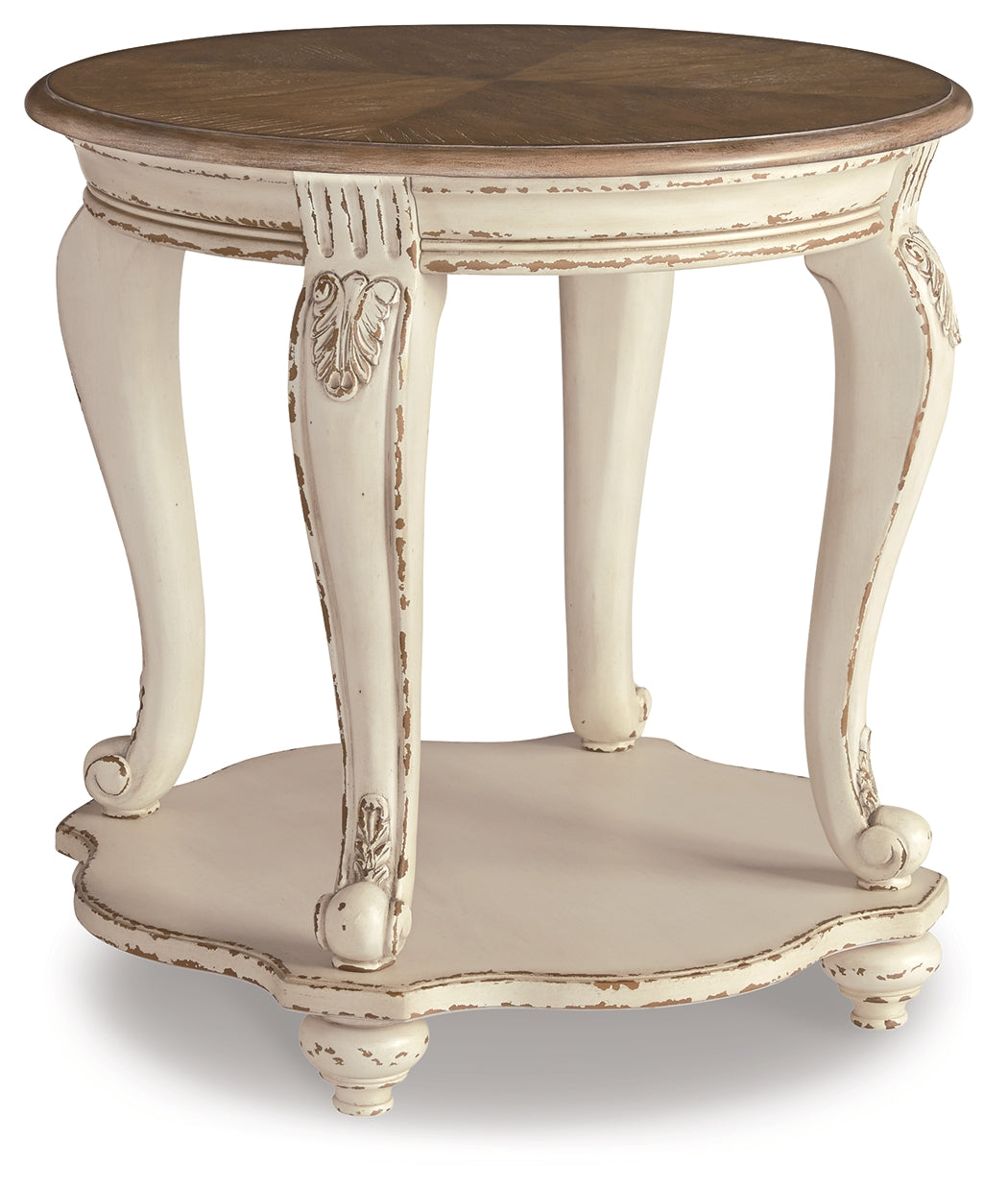 Matching two-tier end table in white and brown finish, front view