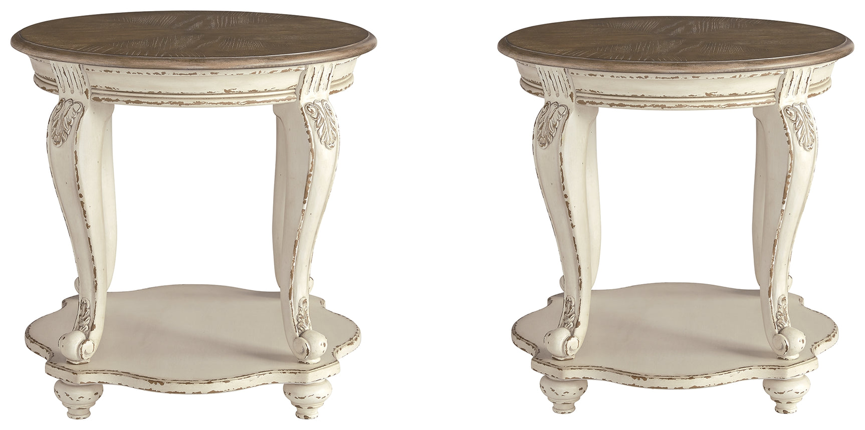 Realyn end table side view showing cabriole legs and lower shelf