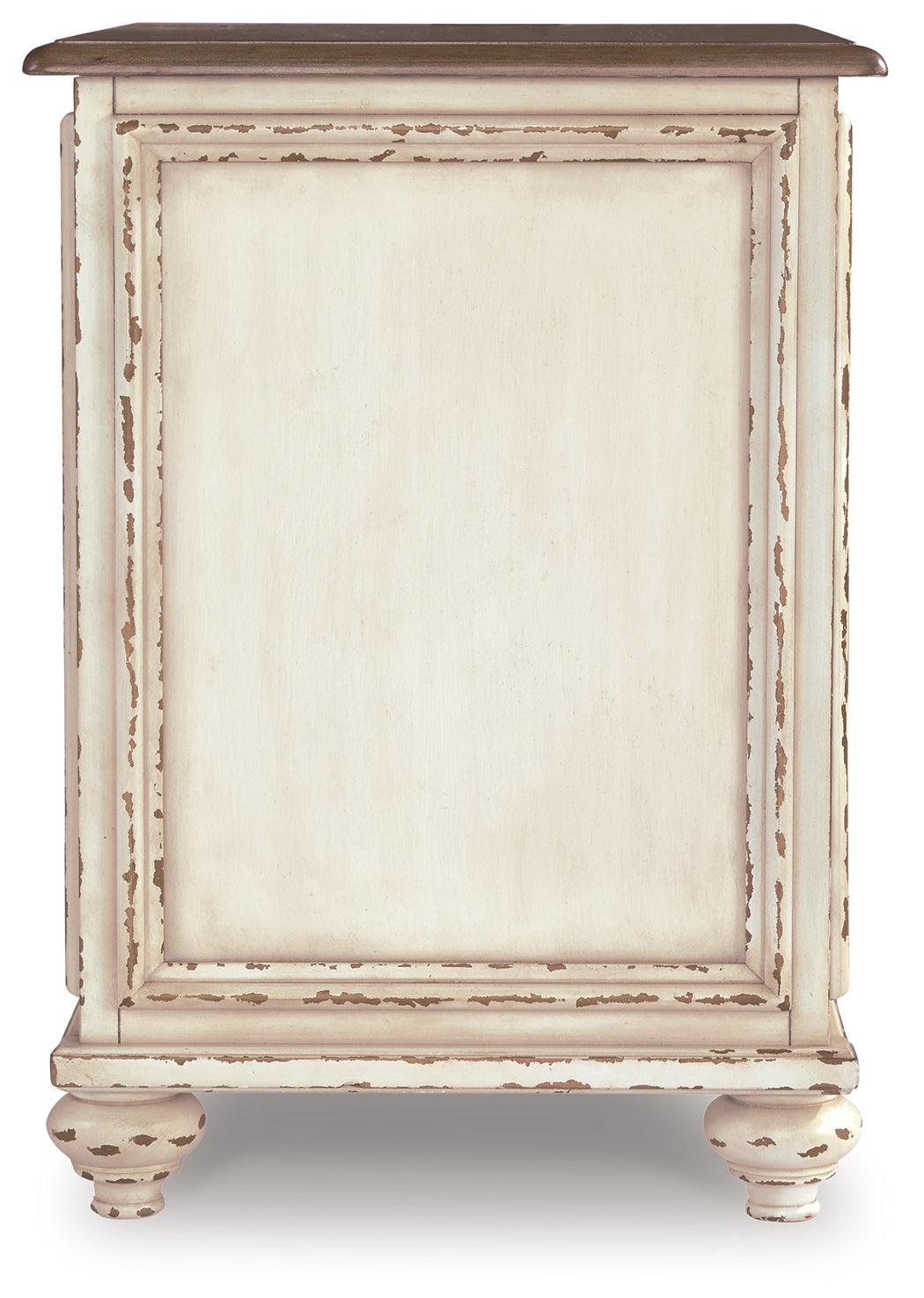 Realyn White and Brown Chairside End Table hardware detail