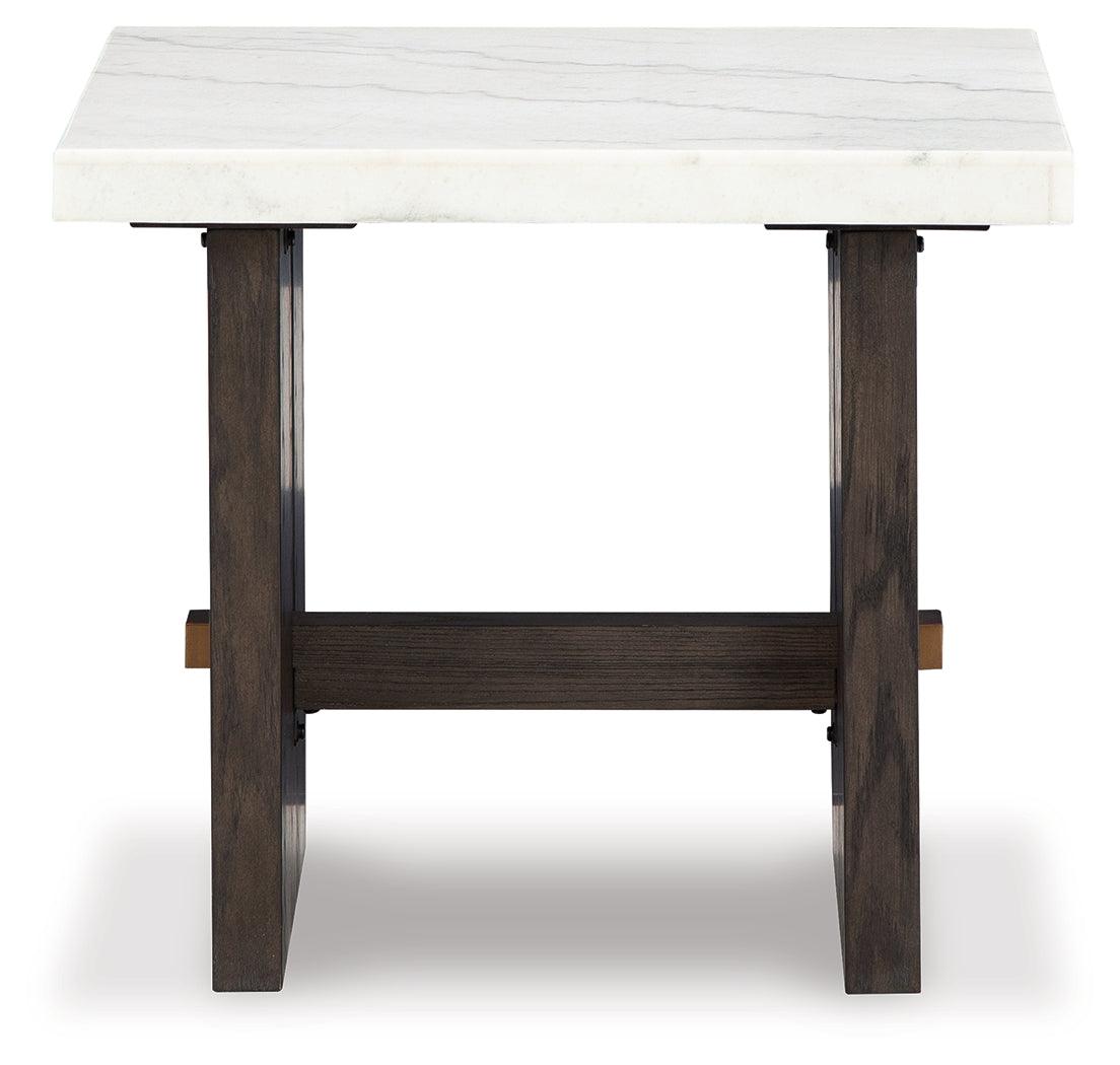Side profile of Burkhaus dark brown oak end table with marble surface
