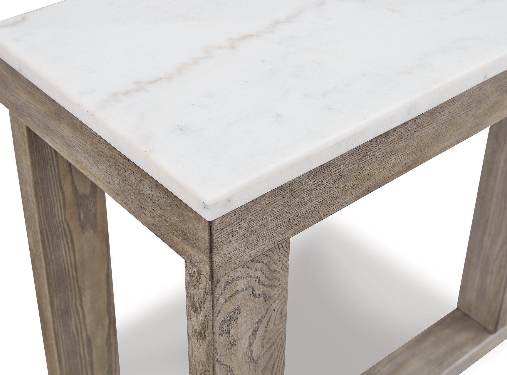 Finish detail of grayish brown ash veneer on Loyaska sofa table
