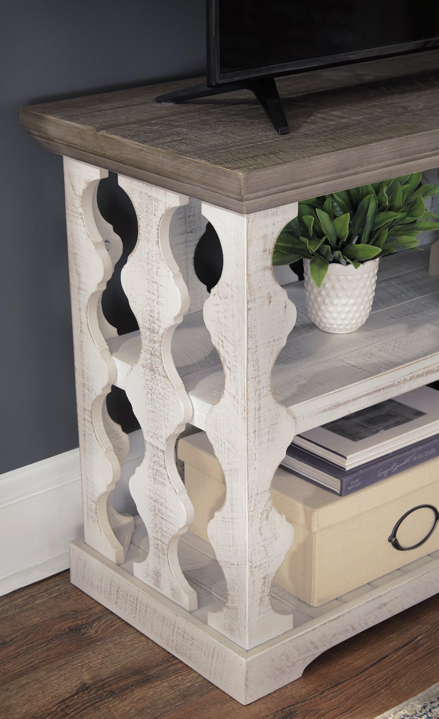 Close-up of Havalance sofa console table distressed finish