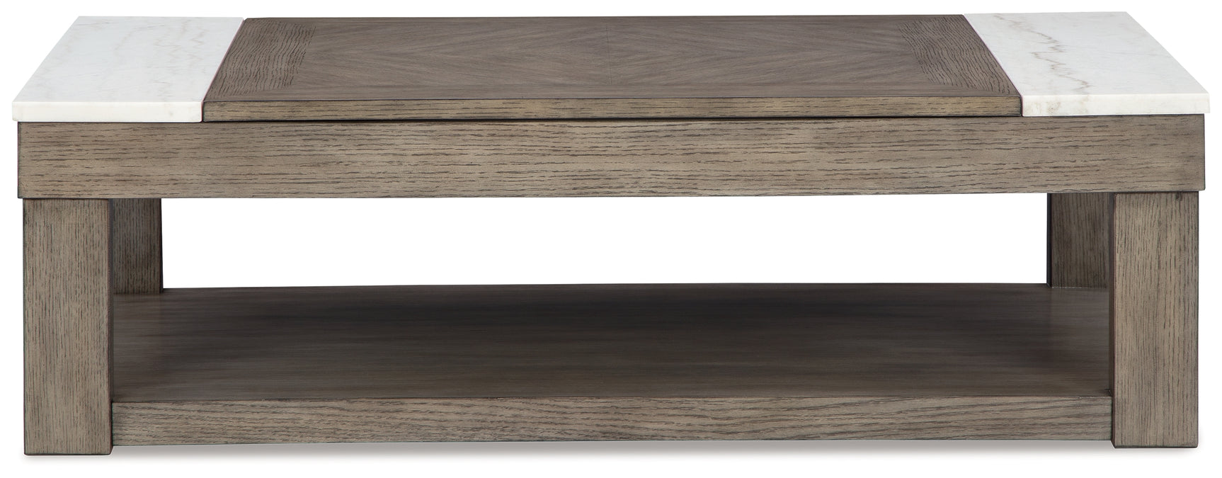 Side profile of end table in grayish brown wood finish