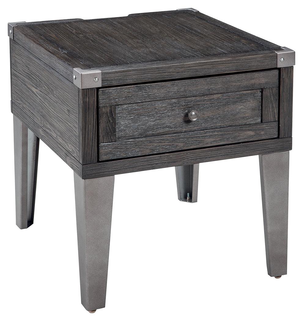 Todoe end table showing metal legs and corner brackets