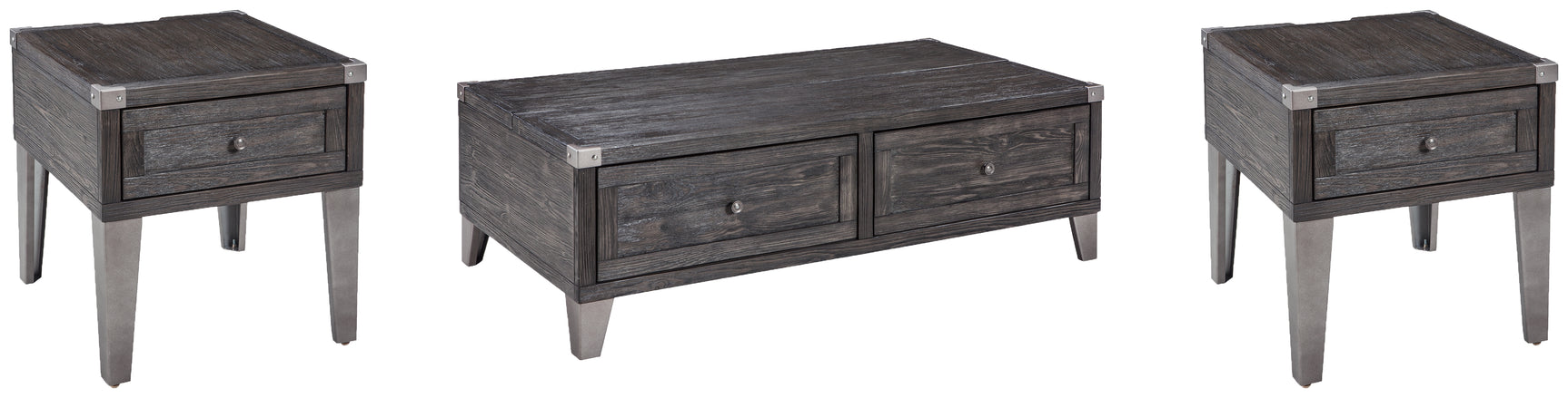 Close-up of Todoe coffee table showing dark gray weather-washed pine wood finish