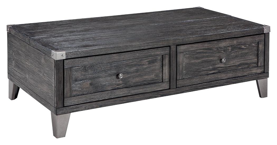 Todoe Coffee Table side view showing metal legs and corner brackets