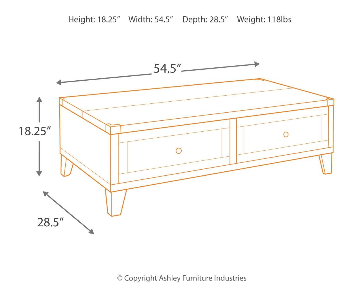Todoe Coffee Table dimension drawing showing measurements