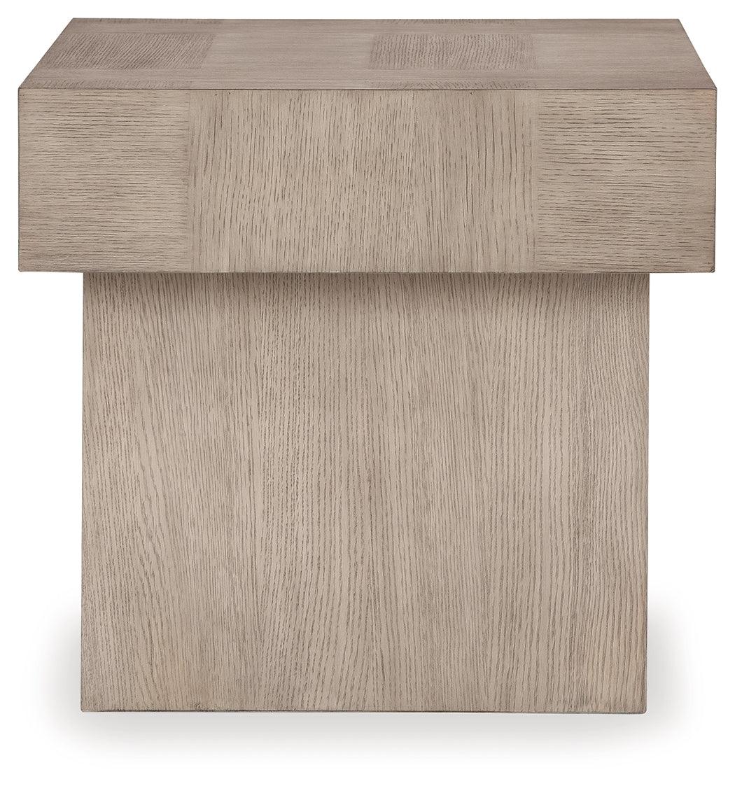 Jorlaina Light Grayish Brown End Table side profile