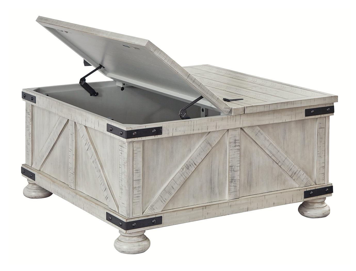 Open dual lift top showing spacious storage inside Carynhurst coffee table