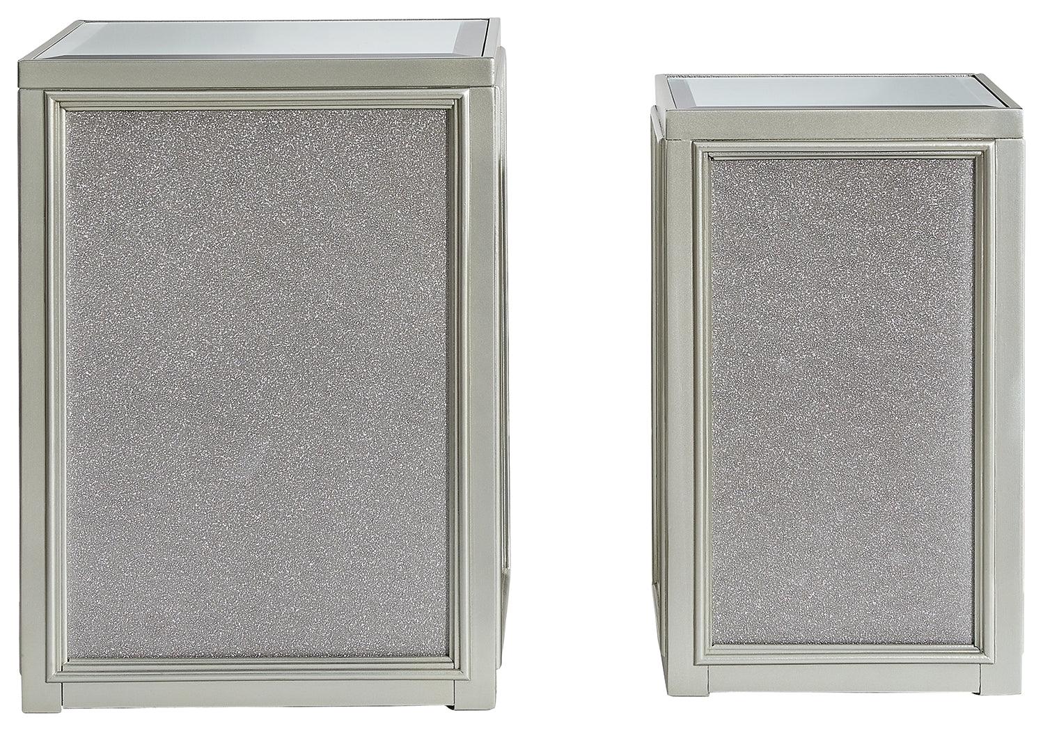 Close-up of beveled inset mirrored tabletop on Traleena table
