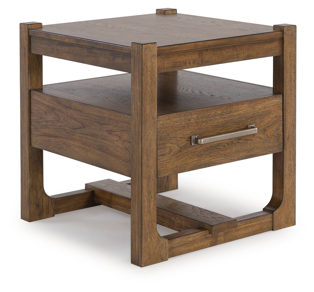 Cabalynn light brown coffee table with two end tables from front angle
