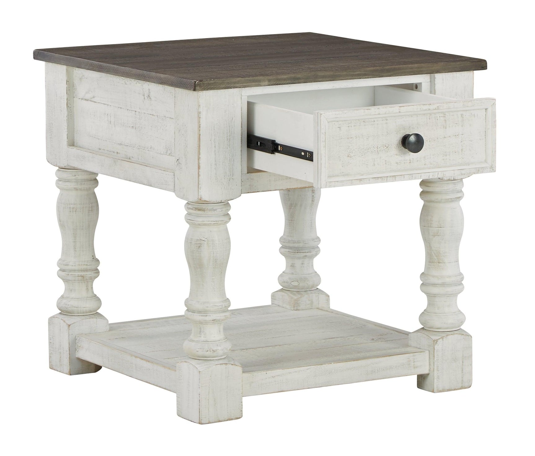 Havalance end table front view with drawers open