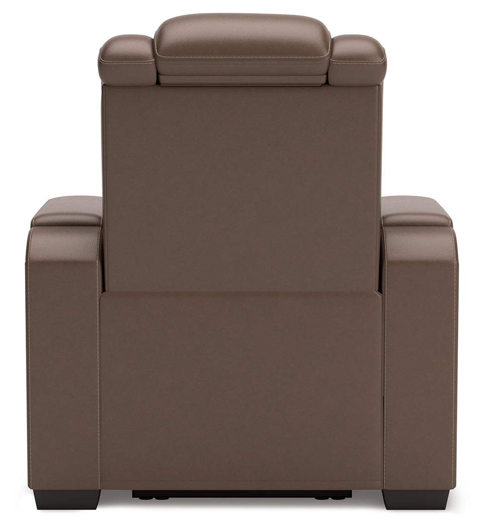 side view of High Impact Tobacco Leather Power Recliner recliner
