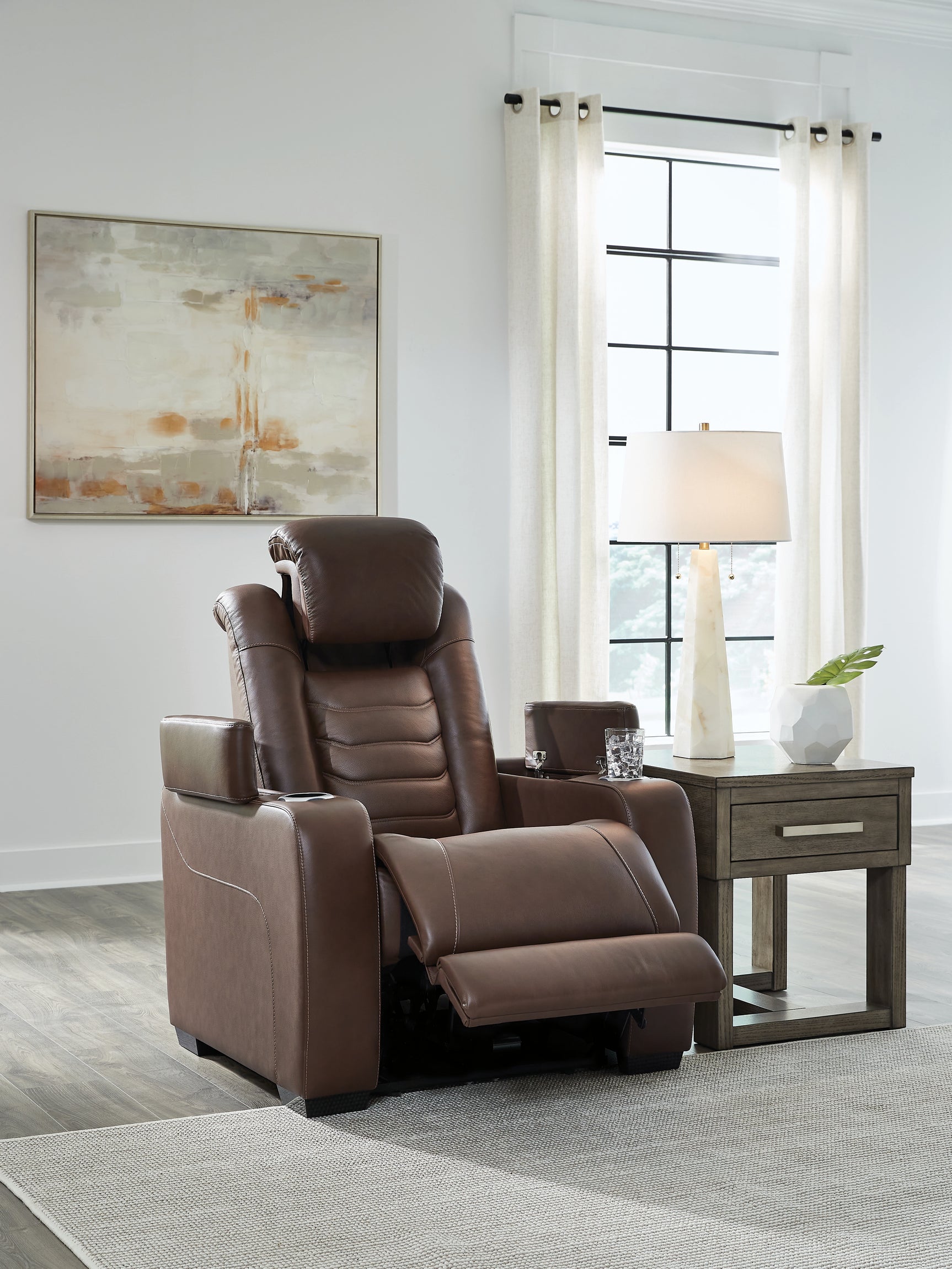 side view of High Impact Tobacco Leather Power Recliner recliner