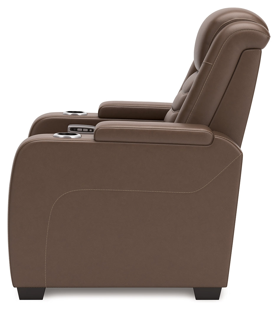 reclining view of High Impact Tobacco Leather Power Recliner recliner