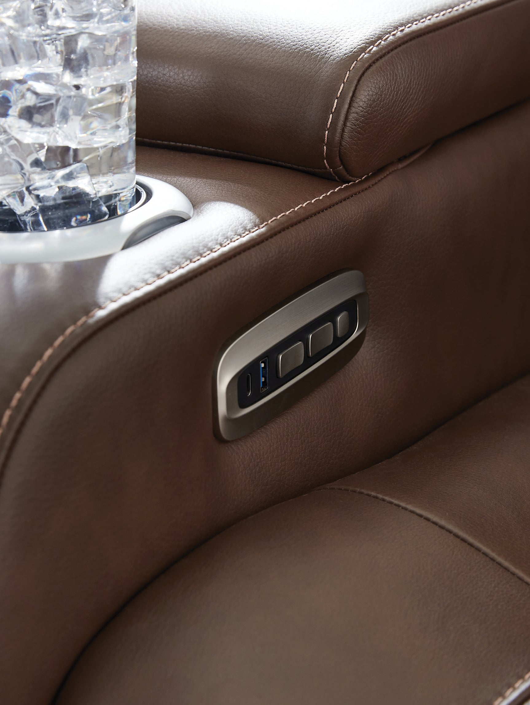 reclining view of High Impact Tobacco Leather Power Recliner recliner