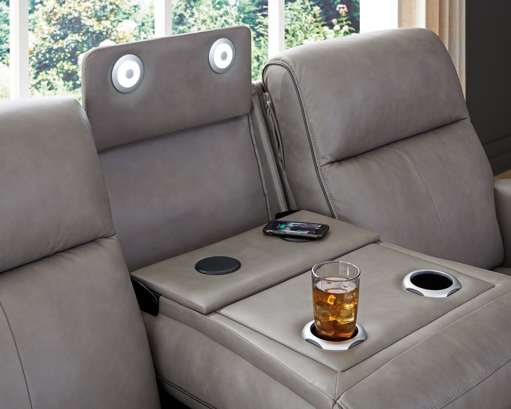 Close-up of top-grain leather upholstery on sofa