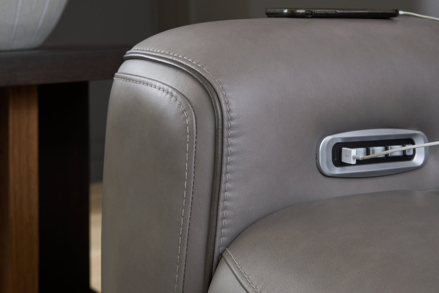 Detailed view of jumbo stitching and leather texture
