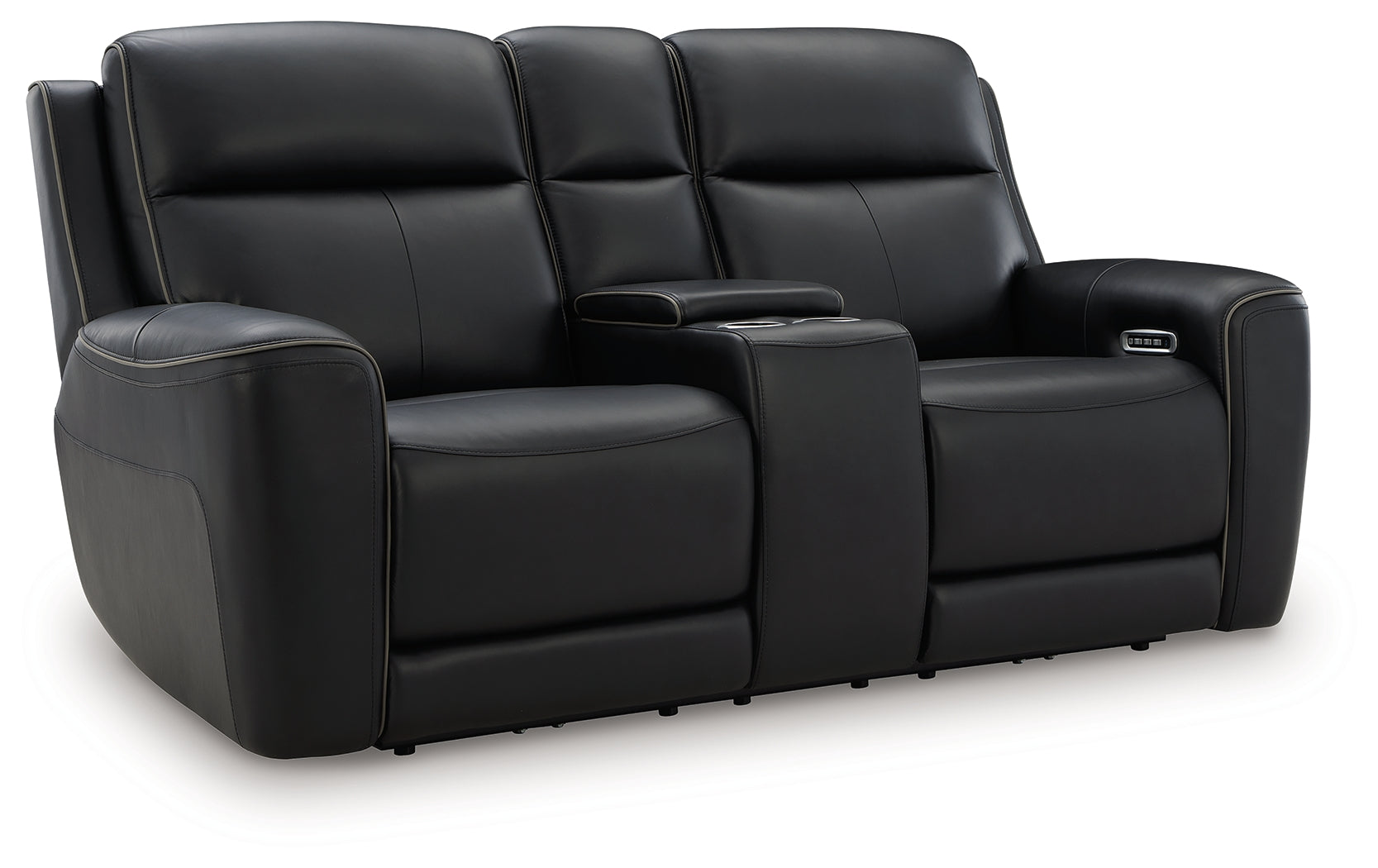 Side angle of 5Z-Comfort Onyx Reclining Loveseat showing console