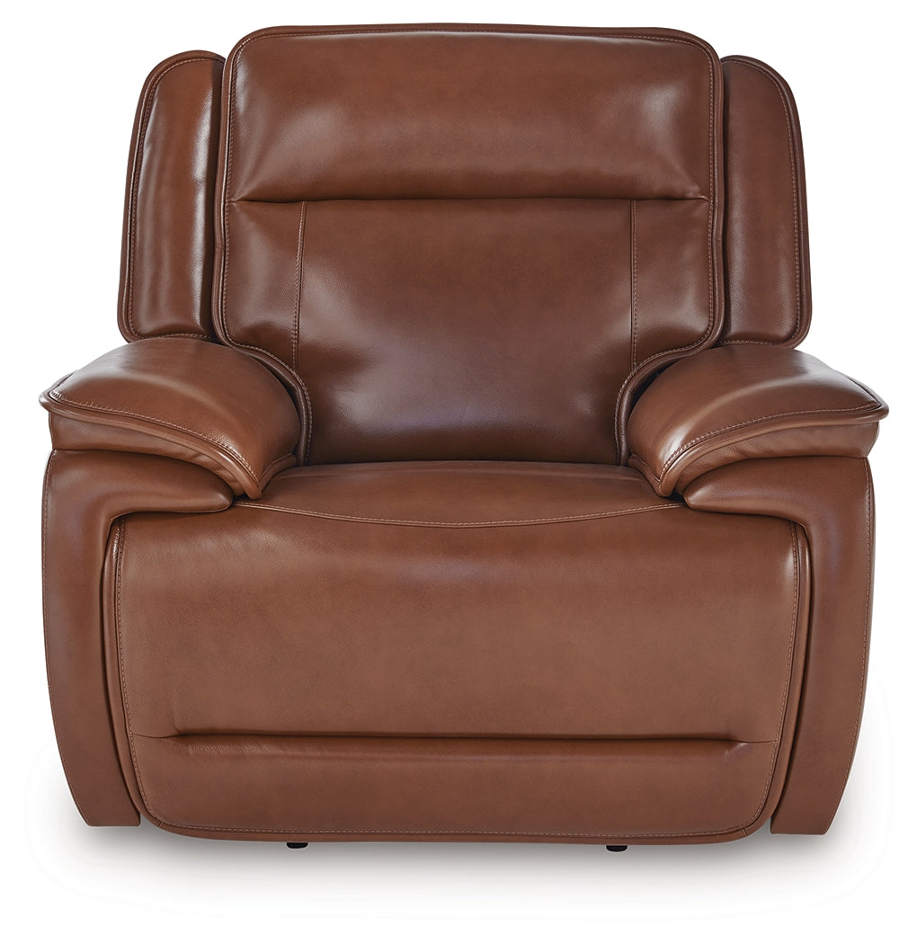 Healy Pier Chocolate Leather Power Recliner close front angle