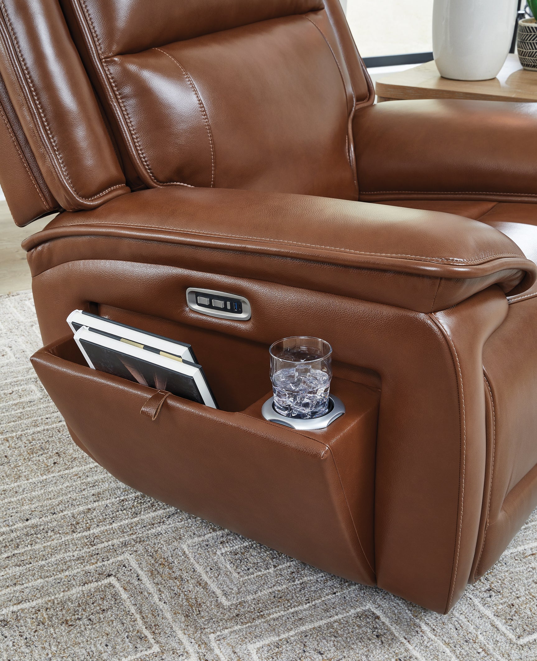 Healy Pier Chocolate Leather Power Recliner storage feature side view