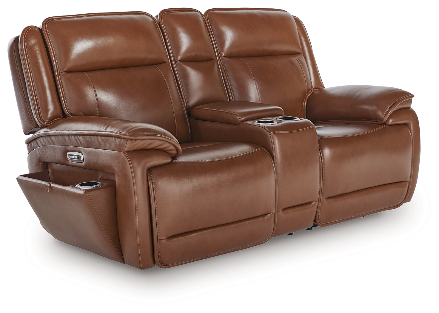Side view of Healy Pier reclining loveseat showing console and cup holders