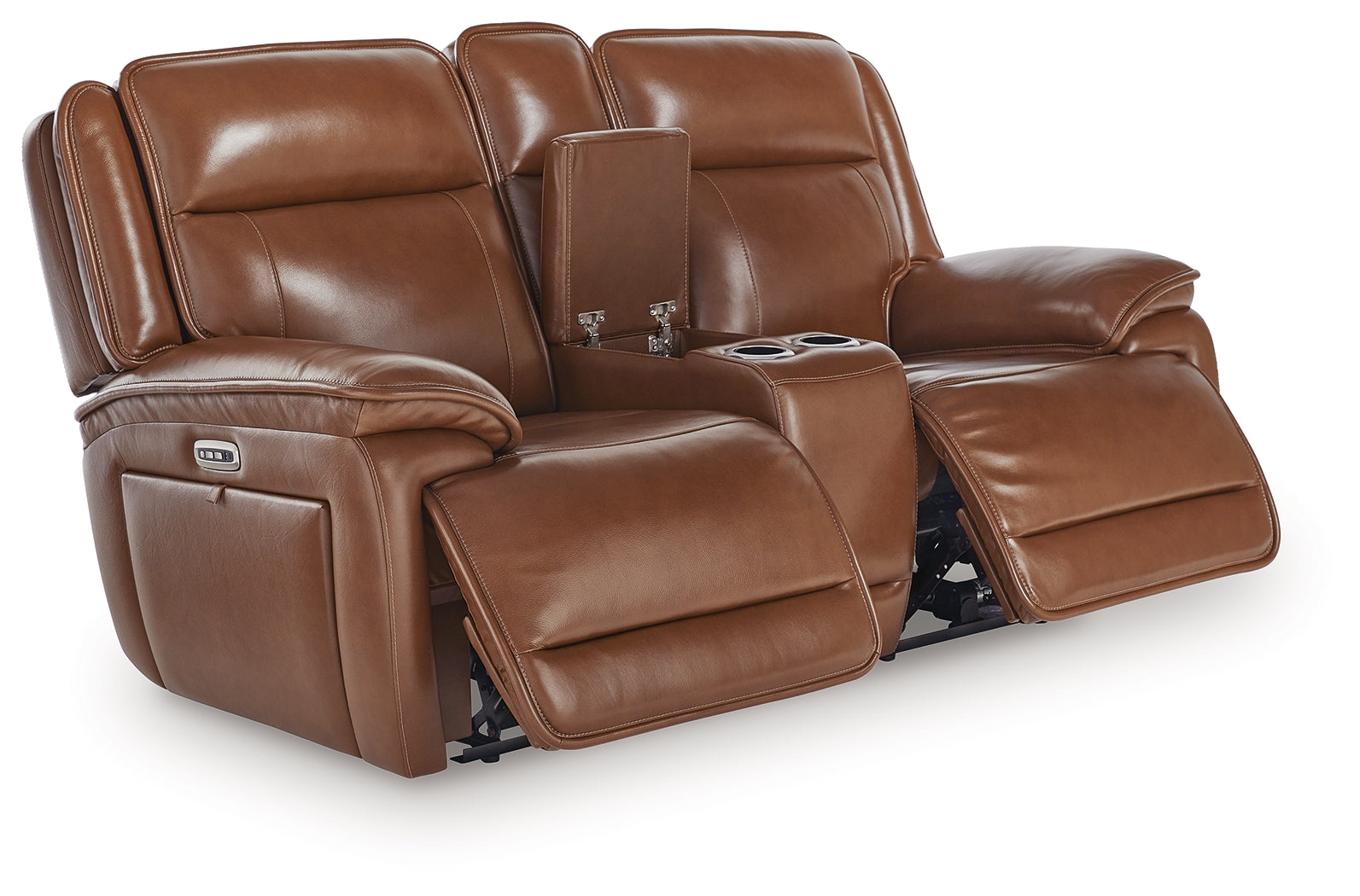 Open side storage compartment in loveseat armrest