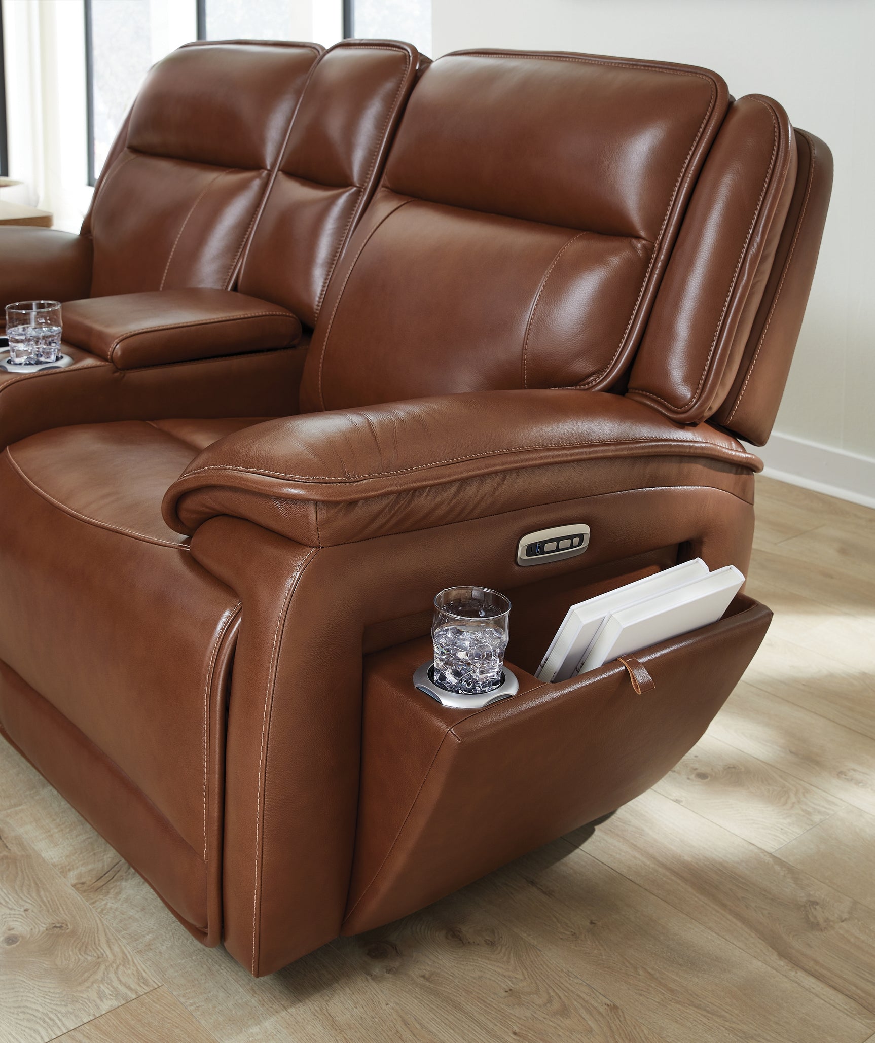 Side storage compartment open showing dimensions