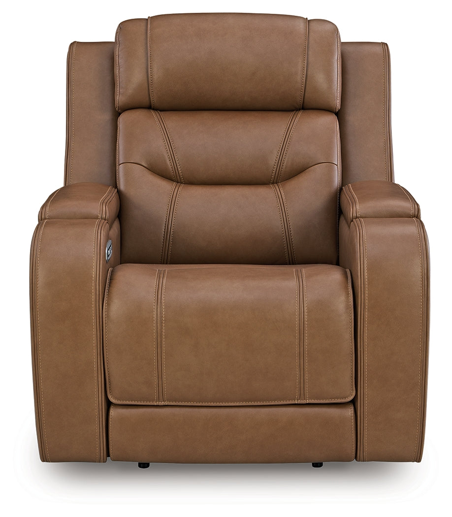 Head-on view of Knightington Caramel Leather Power Recliner
