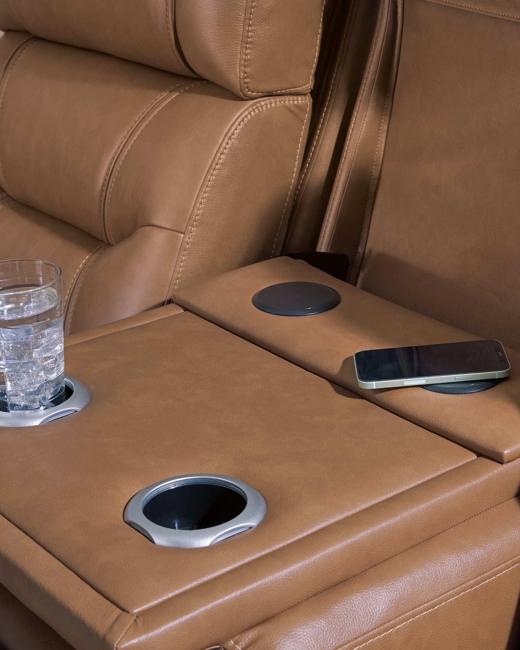 Knightington Caramel Leather Power Reclining Sofa with Audio Seating