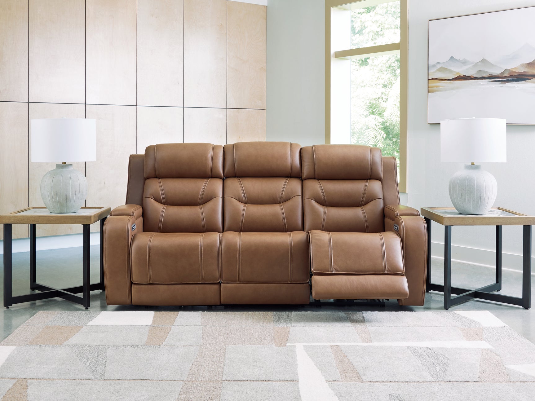 Knightington Caramel Leather Power Reclining Sofa with Audio Seating