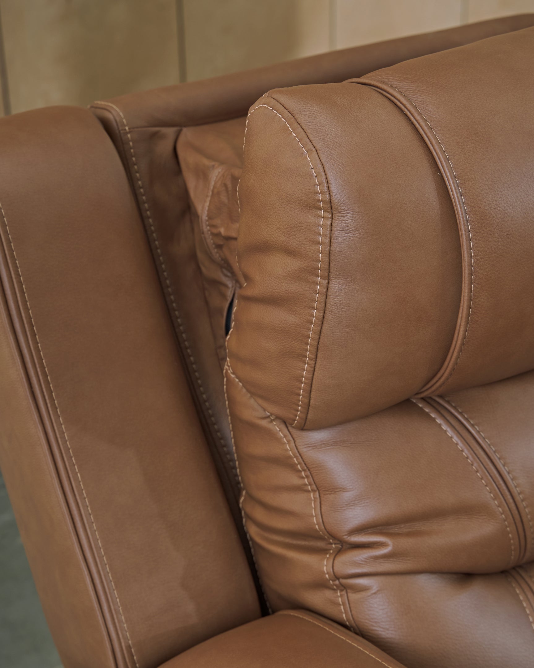 Knightington Caramel Leather Power Reclining Sofa with Audio Seating