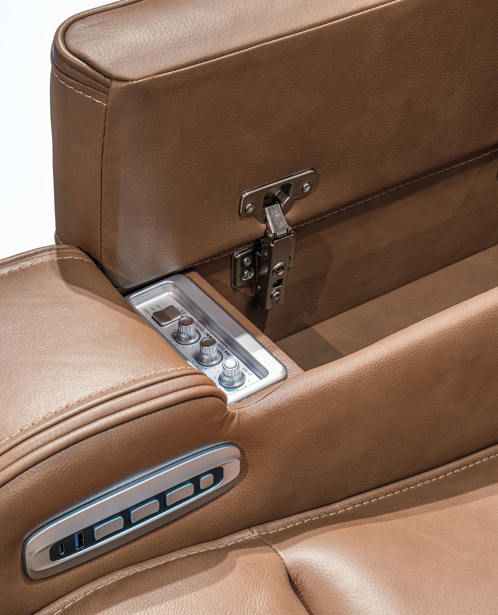Knightington Caramel Leather Power Reclining Sofa with Audio Seating