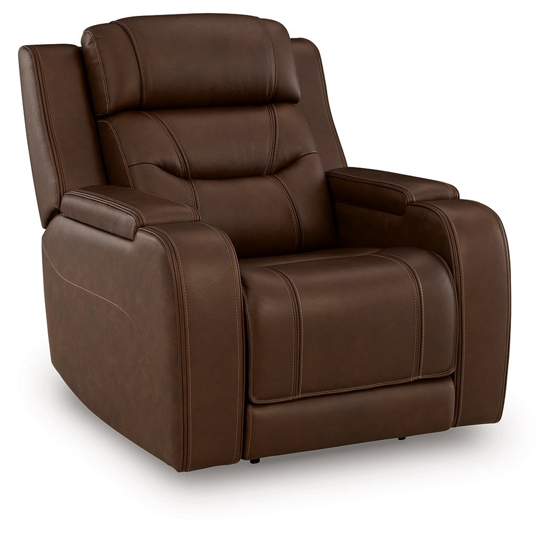 Knightington Brown Leather Power Recliner with Audio Seating side view