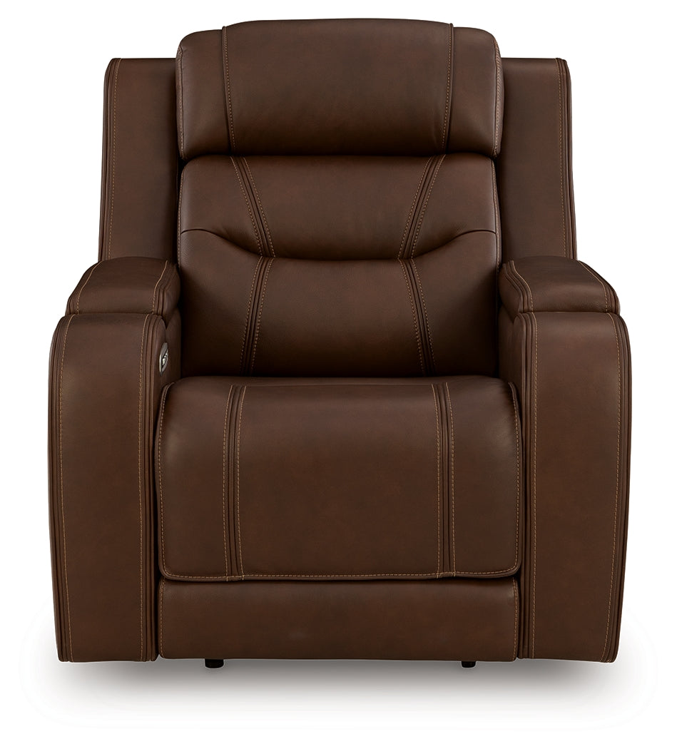 Knightington Brown Leather Power Recliner with Audio Seating head-on view