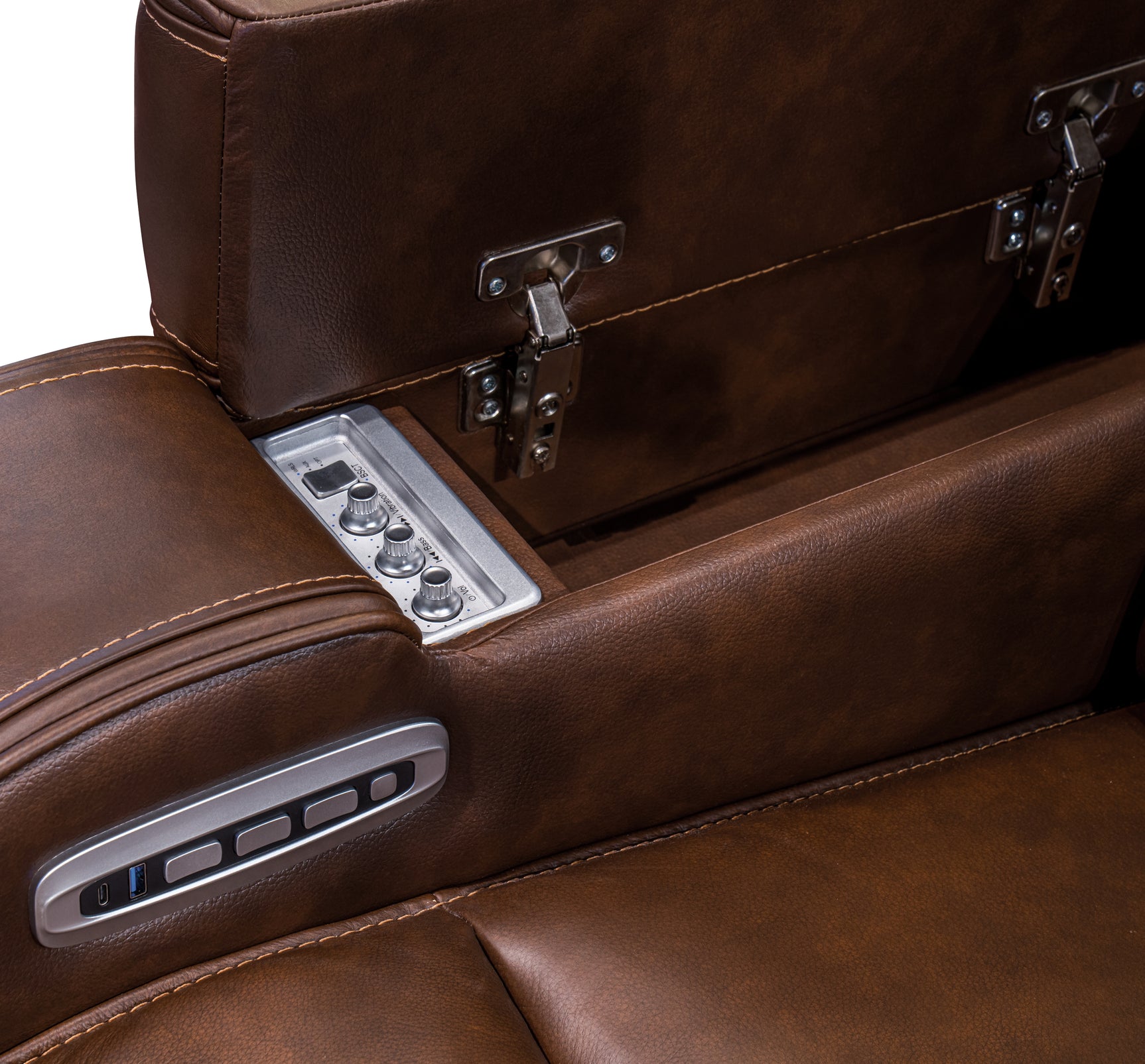 Knightington loveseat power control on armrest detail B