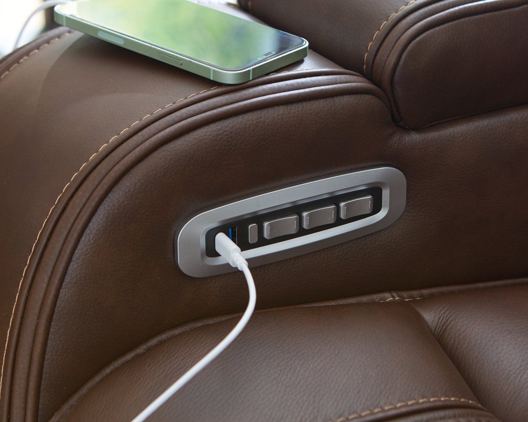Knightington Brown Leather Power Recliner with Audio Seating USB control detail