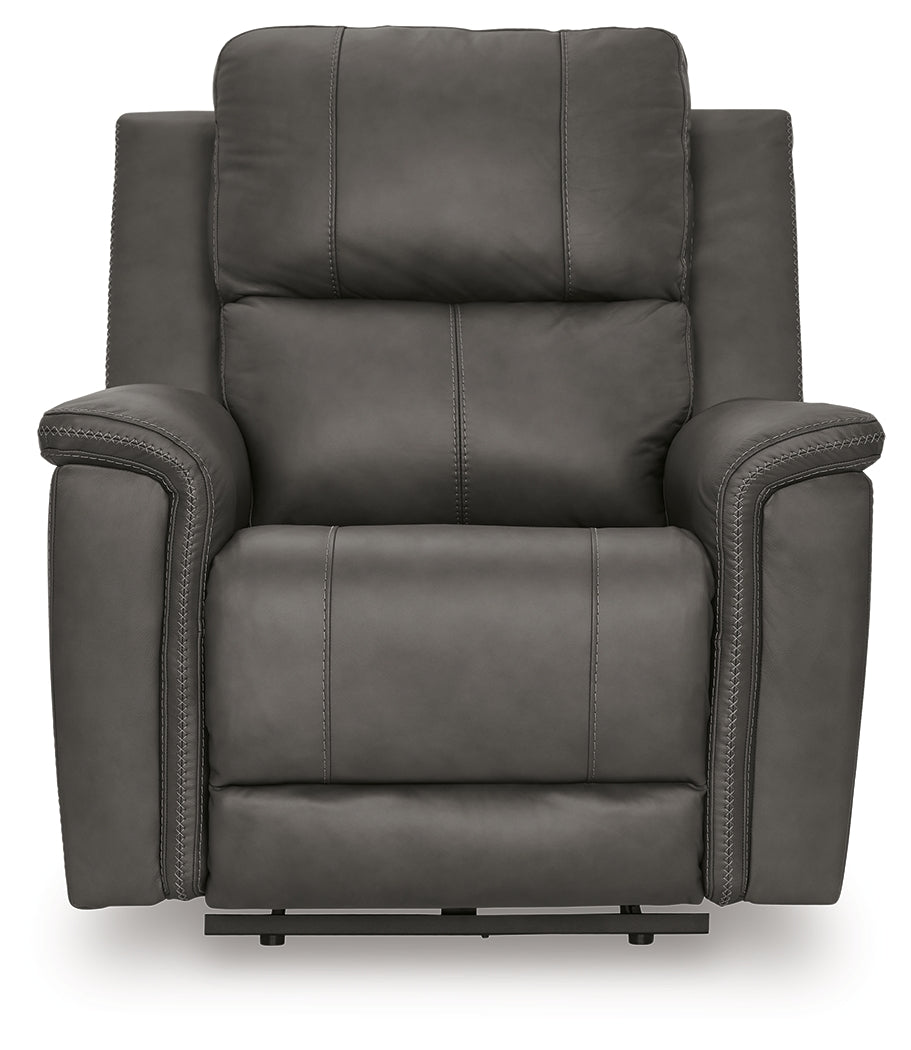 Close-up of stitching on Bleckley Anchor Leather Power Recliner