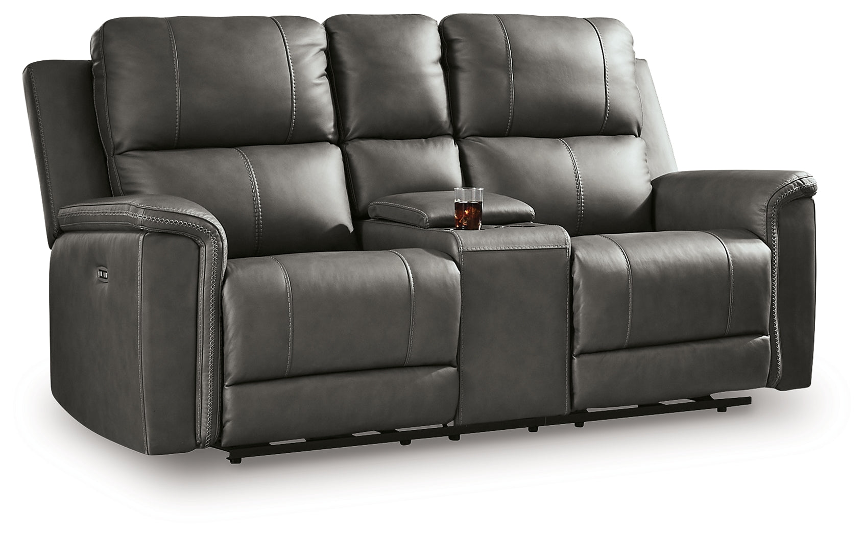 Bleckley loveseat console open showing storage and cup holders
