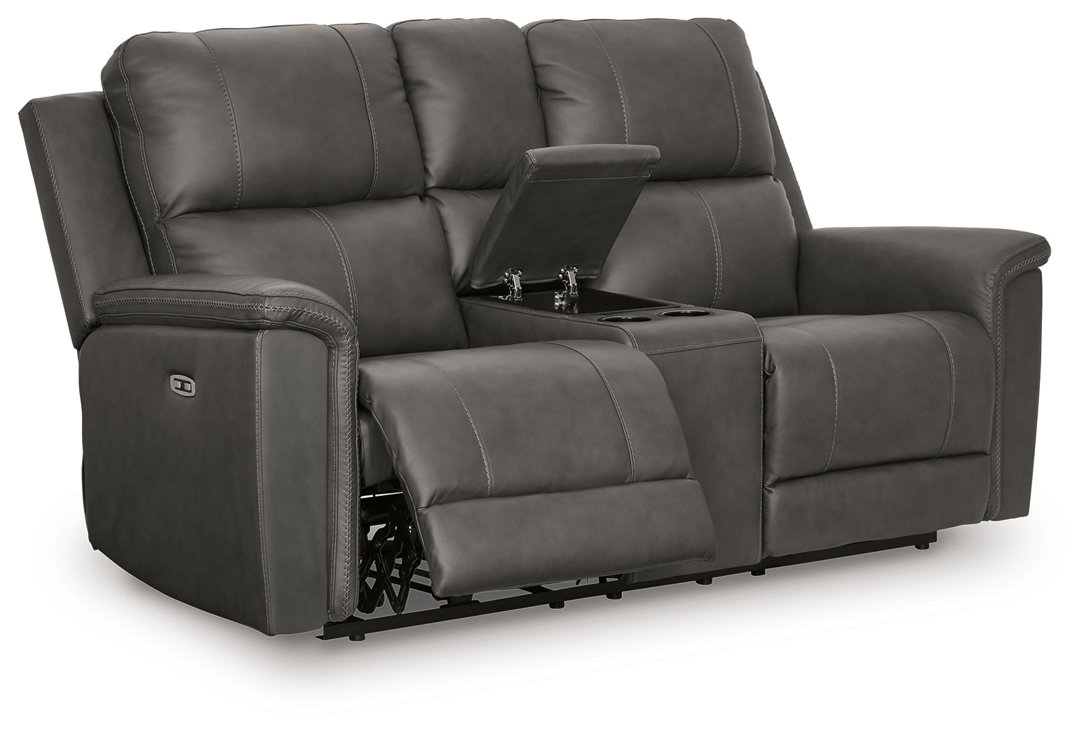 Head-on view of Bleckley Anchor Leather Power Reclining Loveseat with Console