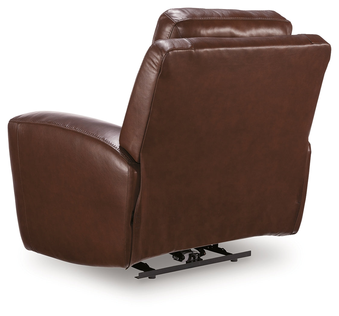 reclining view of Next Move Mahogany Leather Power Recliner recliner