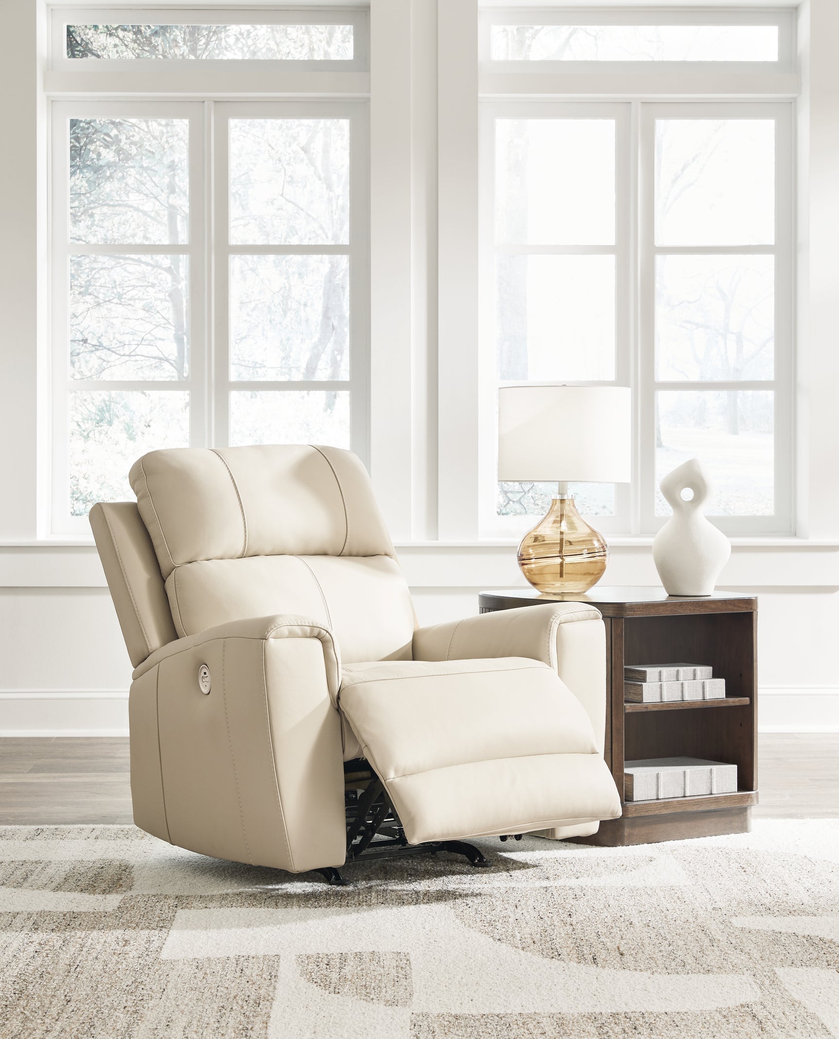 Dahlmoore Almond Leather Power Recliner open position side view