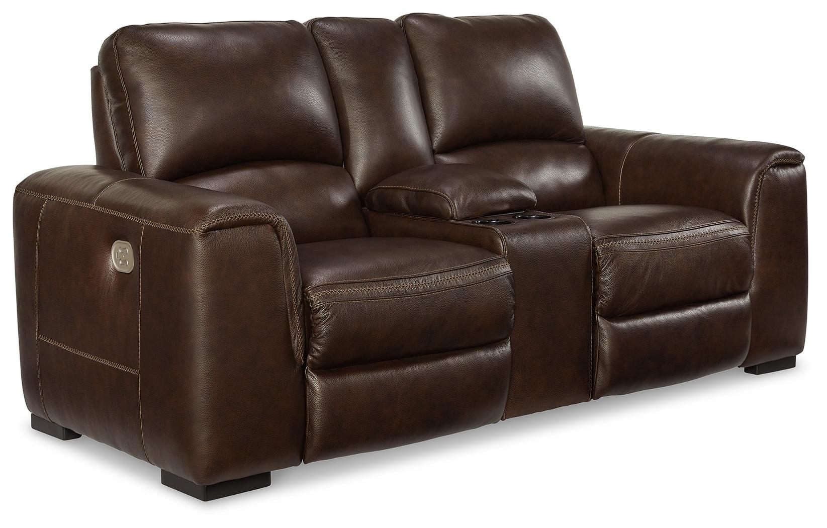 Side view of Alessandro Walnut Power Reclining Loveseat with console open